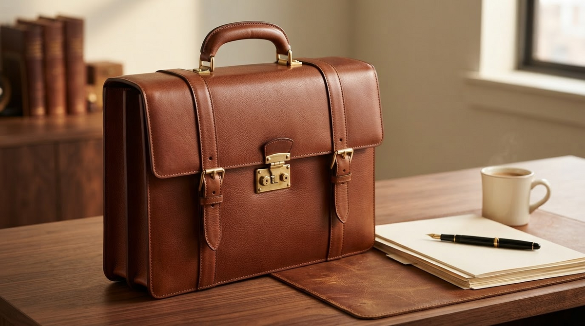 A structured brown full-grain leather briefcase with a top handle and buckle straps on an office desk