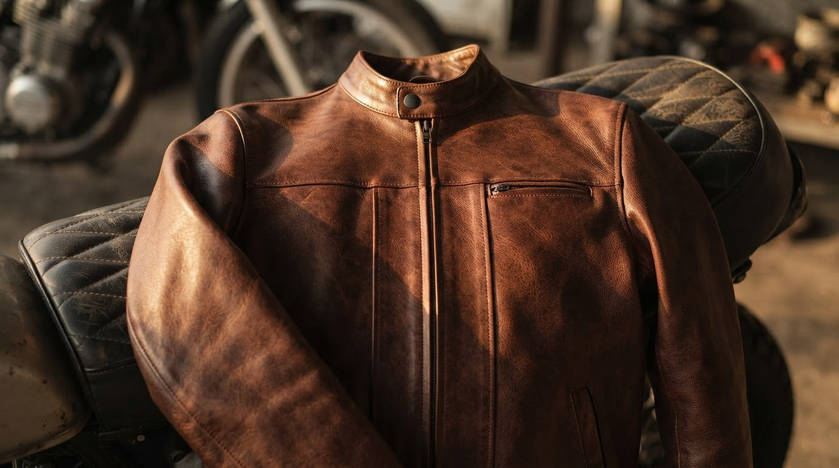 A slim brown leather cafe racer jacket with a standing band collar on a vintage motorcycle seat
