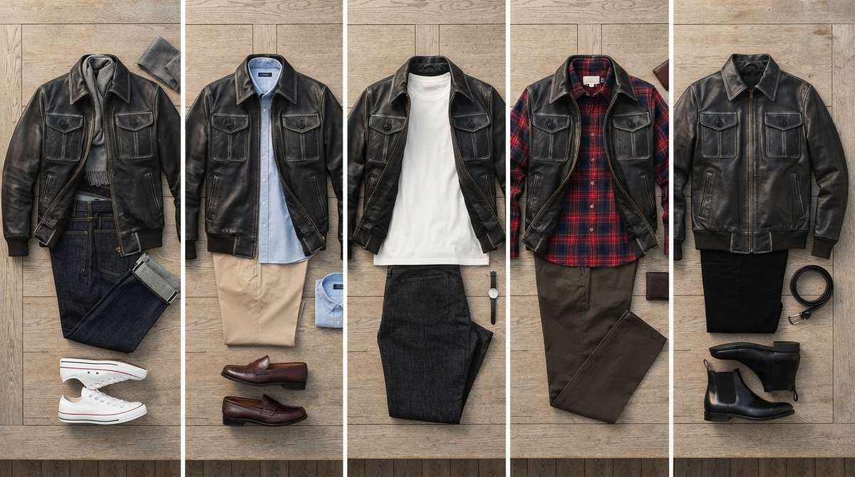 A five-outfit flat lay showing ways to style a leather bomber jacket