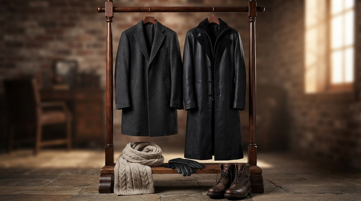 Men's winter coats on a rack, a grey wool overcoat and a black leather coat with scarf, gloves and boots