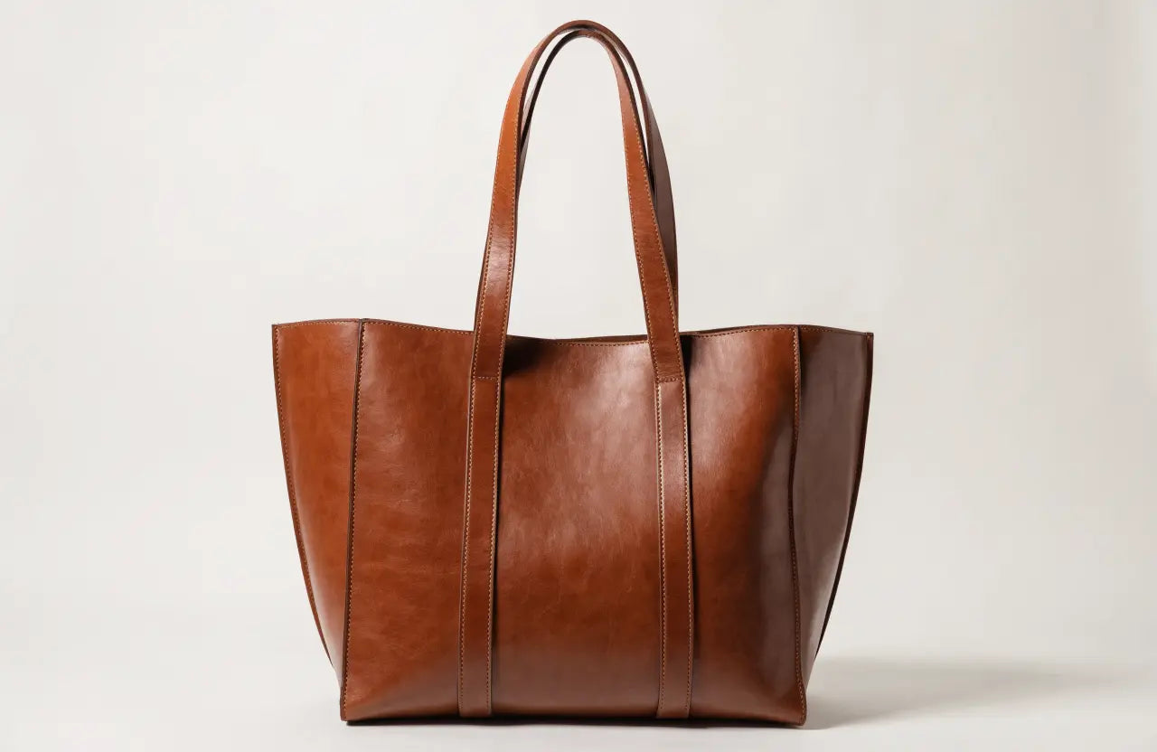 Large brown leather tote bag with two shoulder handles, studio product shot
