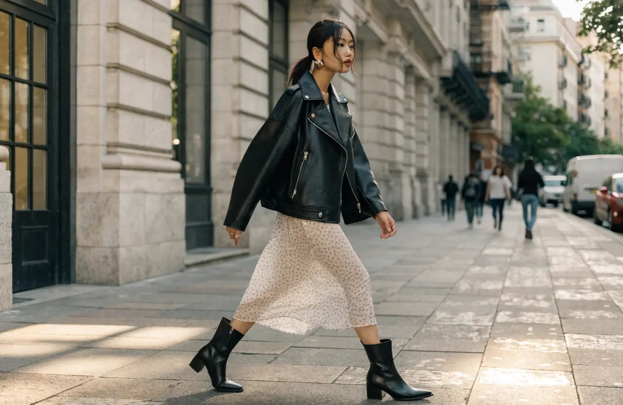Woman wearing a black leather biker jacket over a dress in the city
