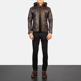 Hector Vintage Brown Hooded Leather Biker Jacket