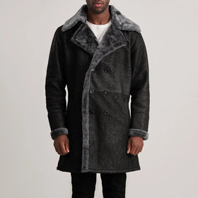 Charles Distressed Black Leather Shearling Double-Breasted Coat