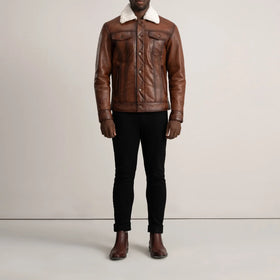 Dallis Brown Leather Shearling Trucker Jacket