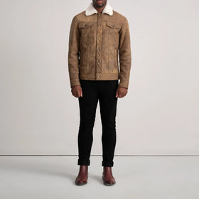 Dallis Distressed Brown Leather Shearling Trucker Jacket