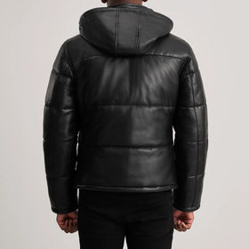 Gordon Black Hooded Leather Puffer Jacket
