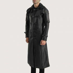 Huntsman Black Hooded Leather Trench Coat