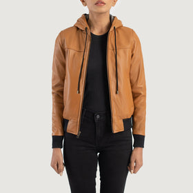 Rebella Brown Hooded Leather Bomber Jacket