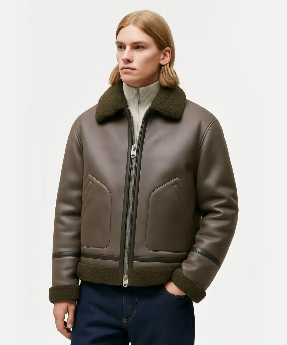 Mens-Classic-Green-Shearling-Coffee-Brown-Leather-Aviator-Fur-Bomber-Jacket