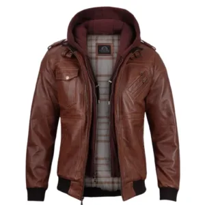 Mens Brown Hooded Stylish Bomber Leather Jacket