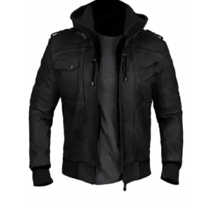 Men Bomber Hood Removable Leather Jacket