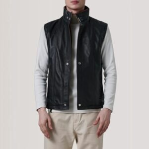 Men’s Premium Black Leather Sleeveless Jacket – Modern Winter Waistcoat
