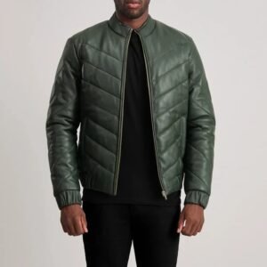 Men’s Green Quilted Leather Jacket – Zip-Up Winter Biker Style
