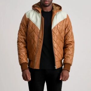 Men’s Hooded Quilted Leather Jacket – Brown Two-Tone Winter Puffer