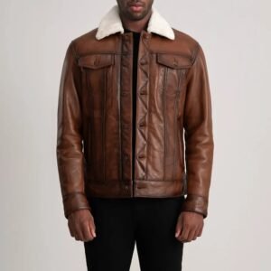 Men’s Brown Leather Trucker Jacket – Shearling Collar Winter Jacket