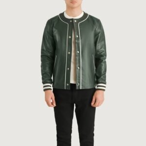 Men’s Dark Green Leather Varsity Jacket – Modern Snap Button Style