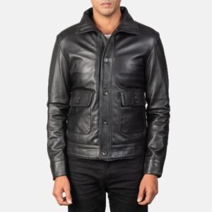 Men’s Black Leather Button-Up Jacket – Classic Casual Winter Jacket