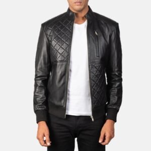 Men’s Black Quilted Leather Biker Jacket – Zip-Up Slim Fit