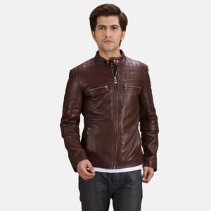 Men’s Brown Leather Cafe Racer Jacket – Quilted Slim Fit Biker Jacket