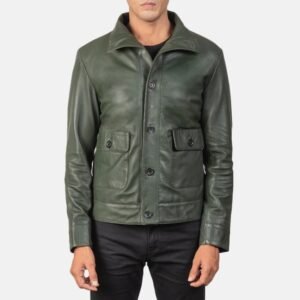 Men’s Green Leather Button-Up Jacket – Classic Casual Fit
