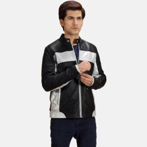 Men’s Black & Silver Leather Biker Jacket – Slim Fit Zip-Up Style