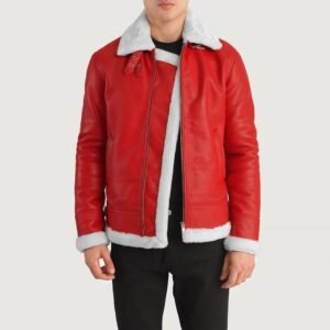 Men’s Red Shearling Aviator Leather Jacket – Bold Winter Style