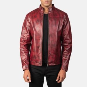 Men’s Burgundy Leather Jacket – Stand Collar Zip-Up